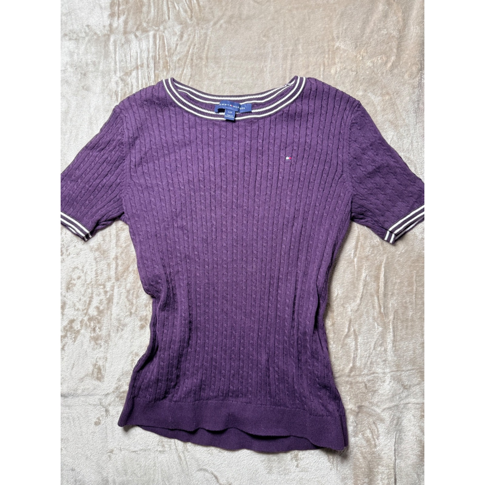 Tommy Hilfiger Purple Cable Knit Short Sleeve Sweater Top White Trim Womens S
